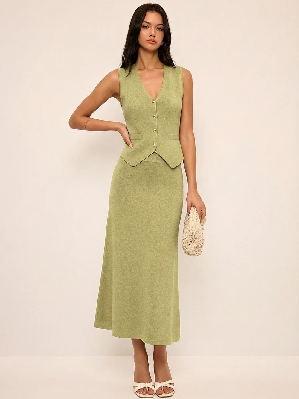 Commense Metal Button Knit Vest & Midi Skirt Set in Light green size Small. NWT
